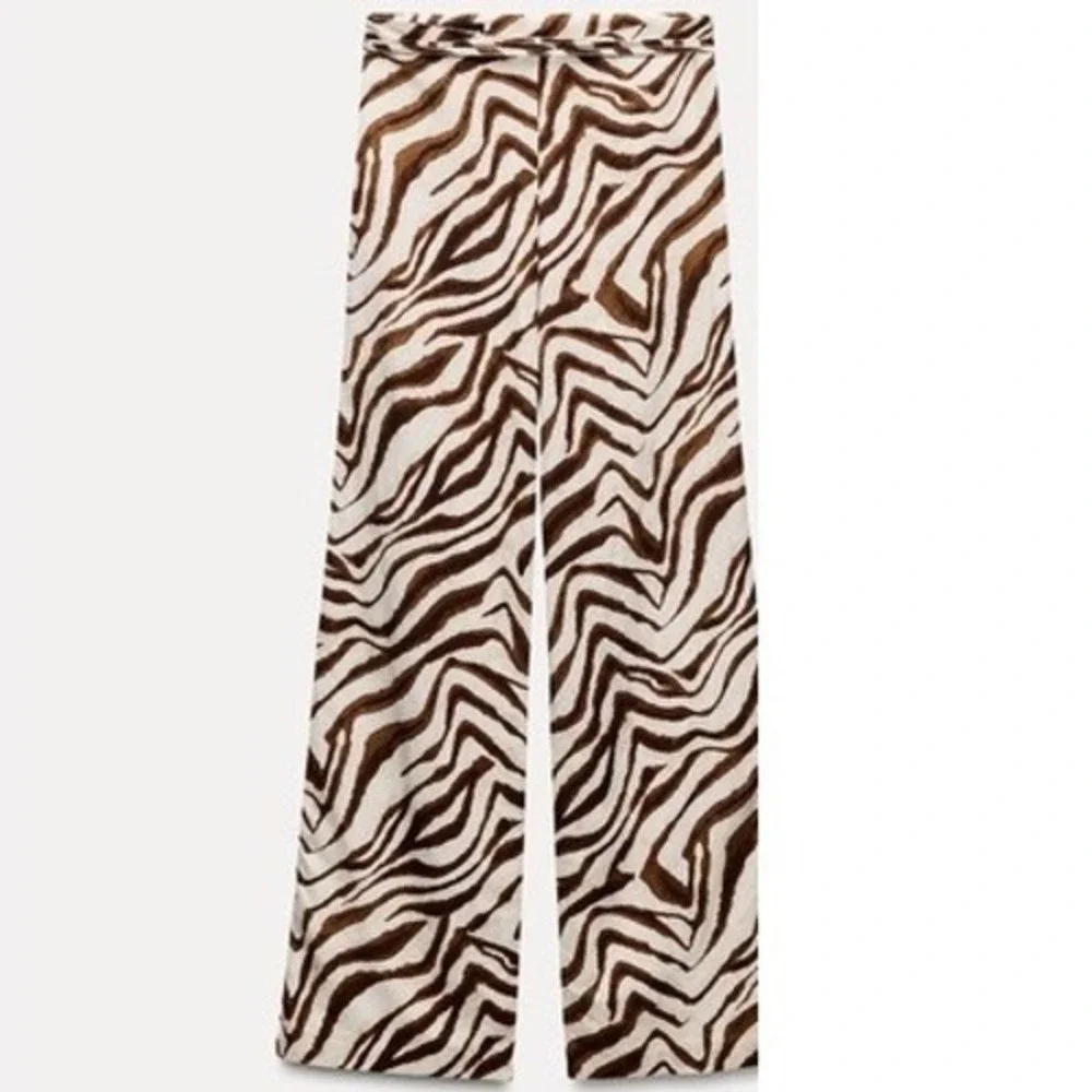 Zara NWT Linen Animal Print Wide Leg Pants